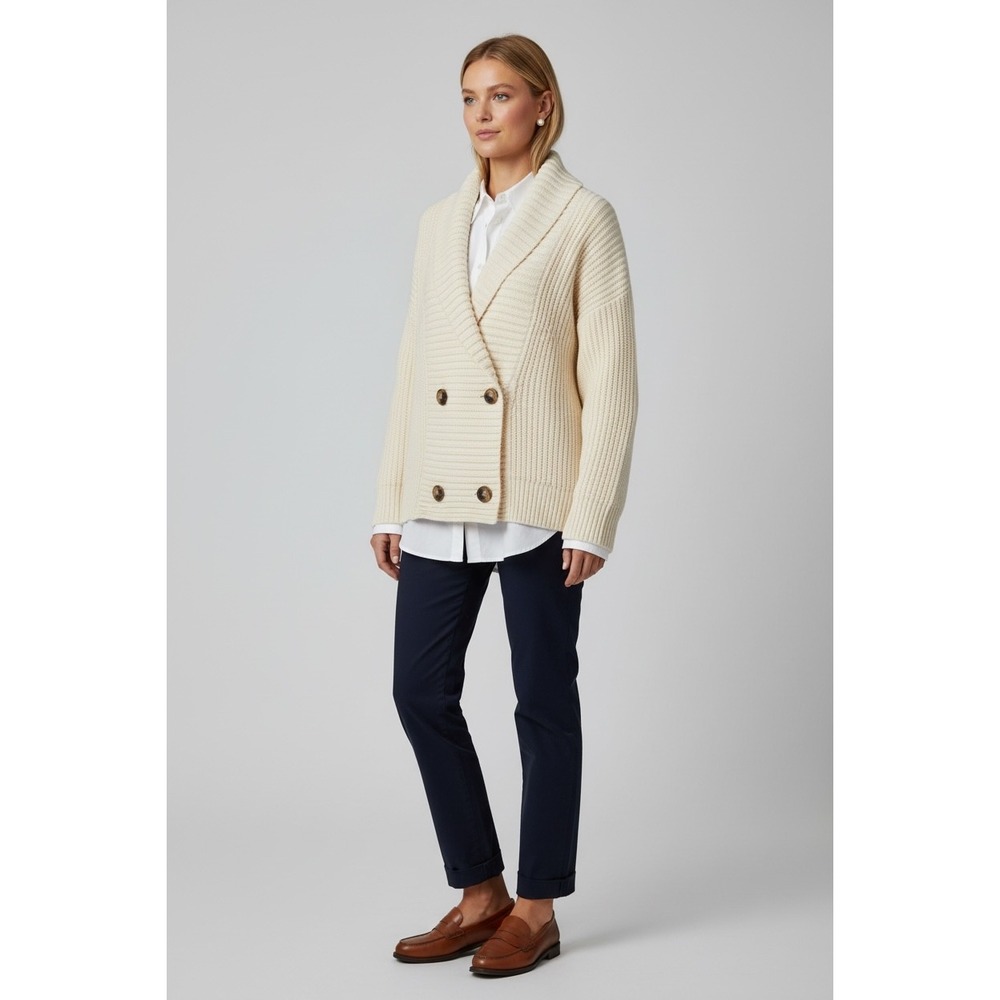 Joe Fresh Cream Ribbed Large Double Breasted Cardigan Sweater‎ Shawl Collar